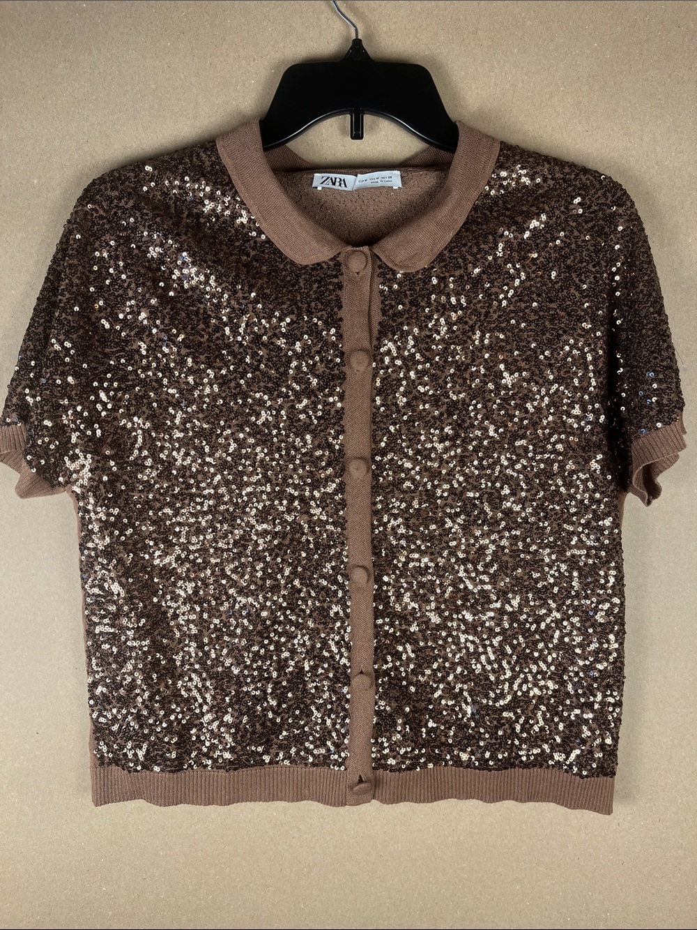 Zara Sequin Polo Cardigan Short Sleeve Bronze Mocha M Party Glam Quiet Luxury